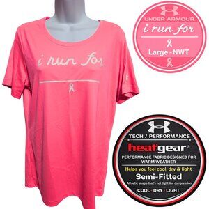 Under Armour HeatGear “I Run For” Pink Tee Women’s L Semi-Fitted NWT